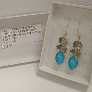 BLUE TRIPLET FIRE OPAL & BLUE TOPAZ GEMSTONE 925 STERLING SILVER PLATED EARRINGS
